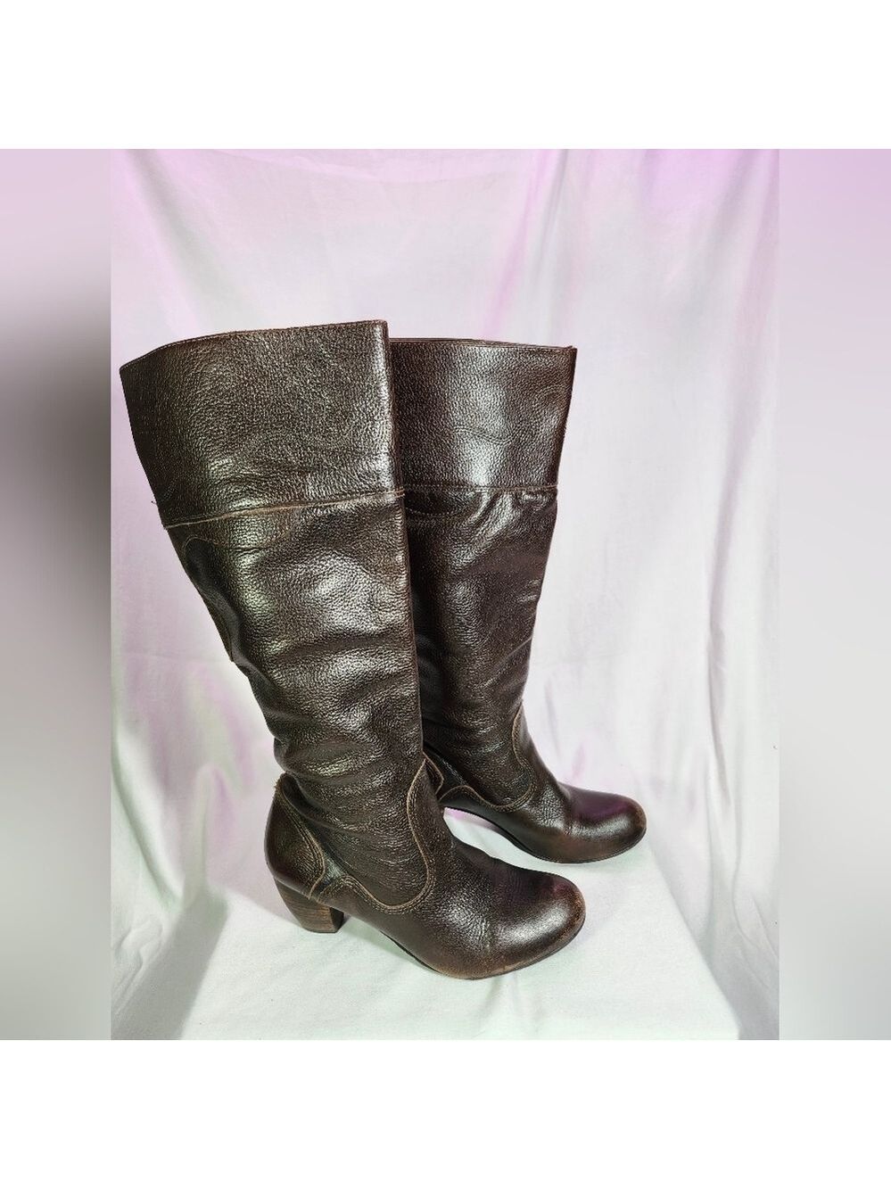 Knee High Leather Boots 2.5  Stacked Heel Height Brown Sz 8M